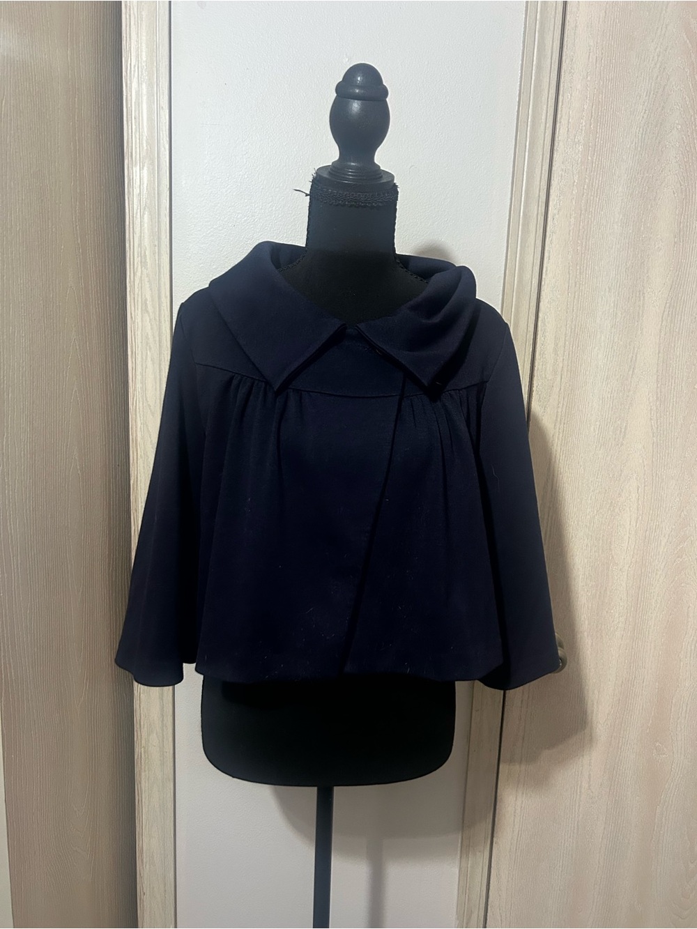 Women's Navy Cropped Cape Coat with Wide Fold Collar